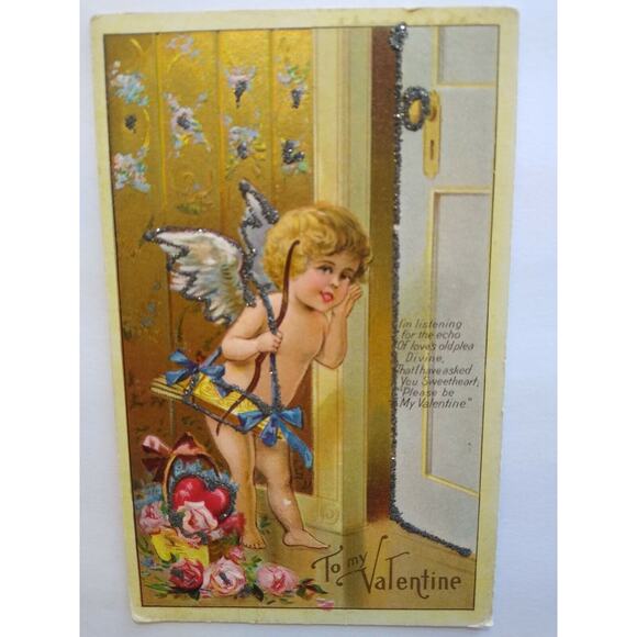 Valentines Day Postcard Cupid Angel Series No 1 Embossed Glitter Echo Of Love - Picture 8 of 8